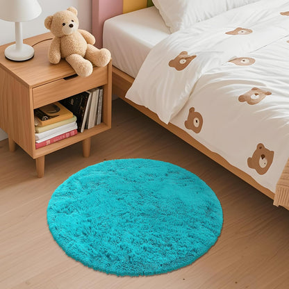 OLANLY Teal Blue Round Rug - Soft & Fluffy Shaggy Carpet, 2 ft Circle for Bedroom & Living Room Decor
