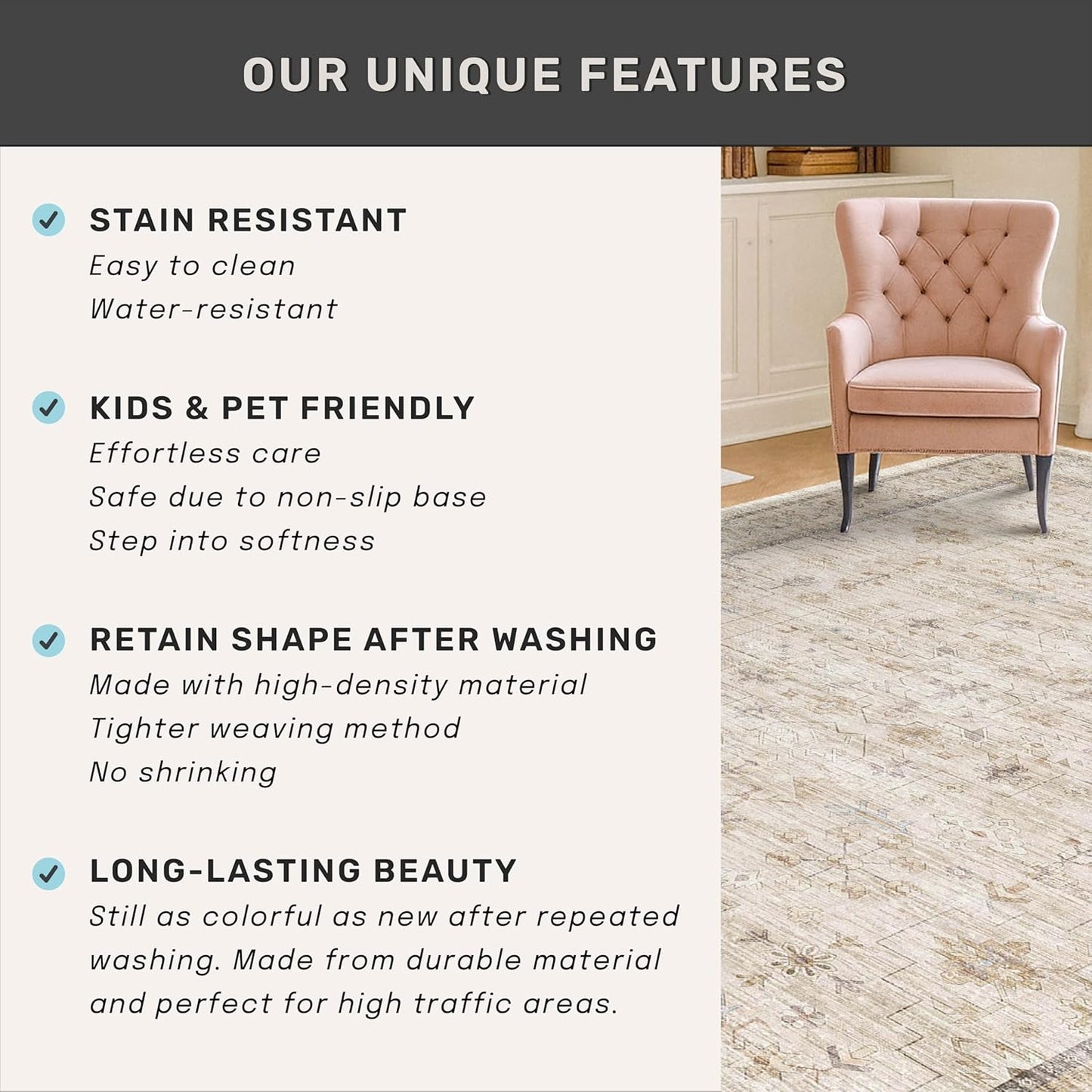 Skiennix Extra Long Runner Rug - Non-Slip, Machine Washable | Soft Low Pile, Light Beige, 2'6"x10' Geometric Floral Design