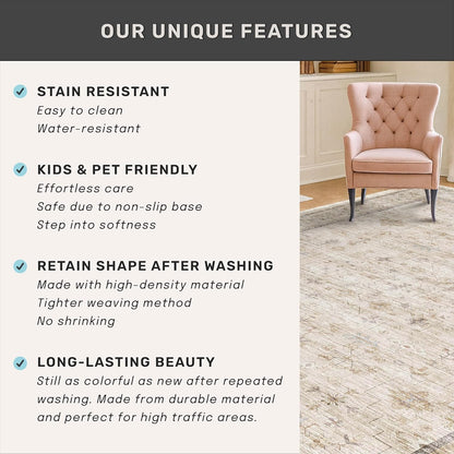 Skiennix Beige Floral Washable Area Rug - 7x9 Non-Slip Soft Geometric Carpet for Living Room & Dining Room