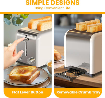 Simple Deluxe 2-Slice Toaster - 6 Browning Settings, Extra Wide Slot & Removable Crumb Tray - White