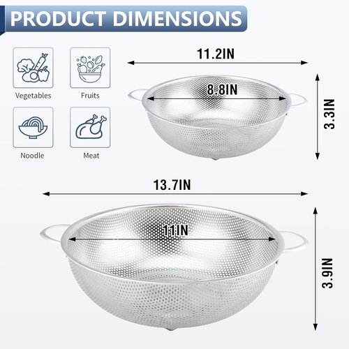 Gulex Stainless Steel Colander - 3-Quart Kitchen Strainer with Base | Dishwasher Safe Design