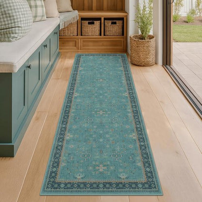 Boho Hallway Runner Rugs - Teal 2'6"x10' Washable Indoor Mats with Non-Slip Rubber Backing