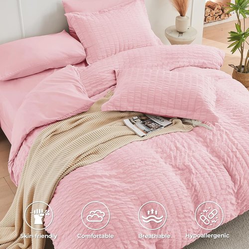 HYMOKEGE California King Comforter Set - 7-Piece Luxury Bedding in Pink Seersucker for All Seasons