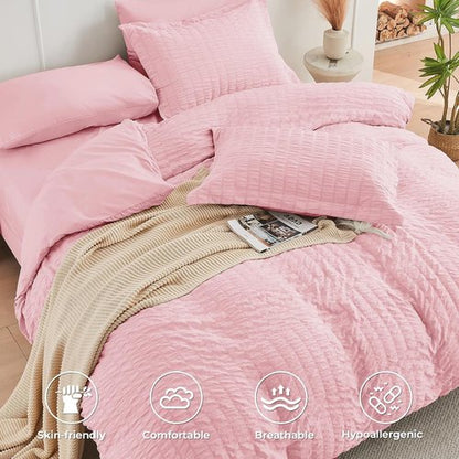 HYMOKEGE King Size Comforter Set - 7-Piece Luxury Bedding Set in Pink | All-Season Seersucker Design
