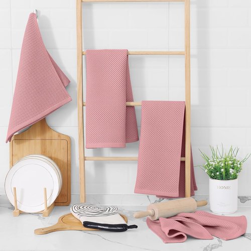 Homaxy 100% Cotton Waffle Weave Kitchen Dish Towels - Ultra Soft & Absorbent, Quick Drying | 13 x 28 Inches, 8-Pack, Dried Rose