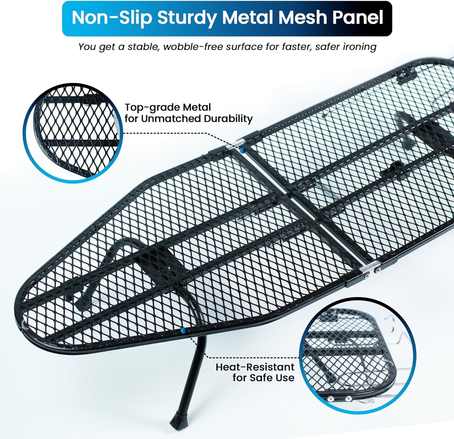 Skiennix Metal Mesh Panel Ironing Board - Foldable Heavy-Duty Design with Heat-Resistant Cover & 100% Cotton Pad (Blue)