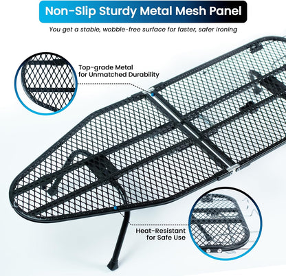 Skiennix Metal Mesh Panel Ironing Board - Foldable Heavy-Duty Design with Heat-Resistant Cover & 100% Cotton Pad (Blue)