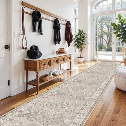 Hallway Washable Runner Rug - Vintage Non-Slip Soft Floor Mat for Entryway | 3x20 Beige