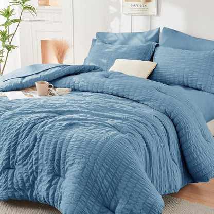HYMOKEGE Mineral Blue Comforter Set - Luxurious 7-Piece All-Season Bedding in Full Size