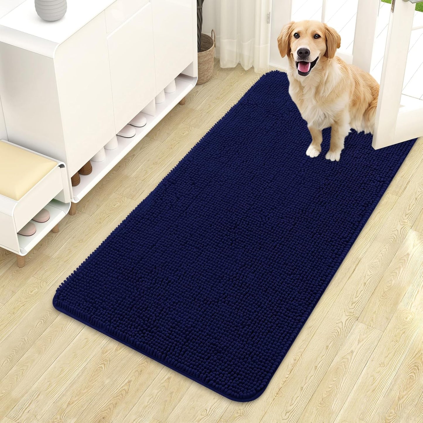 OLANLY Dog Door Mat - Absorbent Non-Slip Mud Mat for Dogs | Quick Dry Chenille, 44x24, Navy Blue