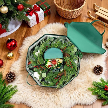 BrilliantJo Wreath Storage Bag - Hard Shell Christmas Decorations Case with Pockets | 24-Inch Green 600D Oxford Fabric