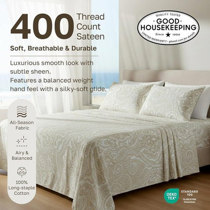 California Design Den Twin Size Cotton Sheets Set - 100% Soft Cotton, 400 Thread Count, Award-Winning Sateen Finish - Paisley Beige