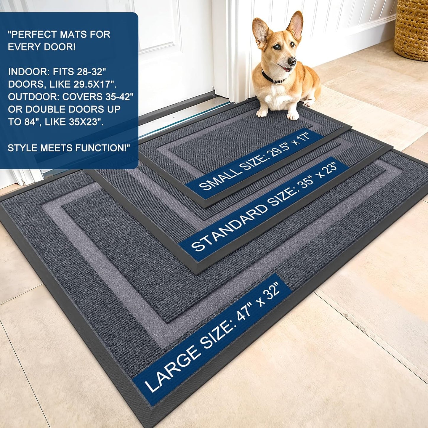 OLANLY Waterproof Front Door Mat - All-Season, Sturdy Natural Rubber, Easy Clean | 47x23, Light Grey
