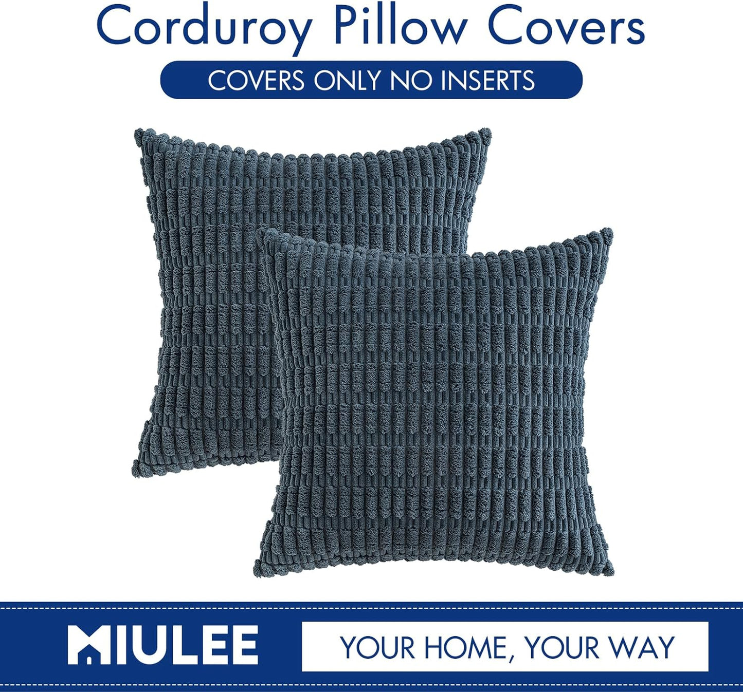 MIULEE Corduroy Throw Pillow Covers - Soft Boho Striped Design | 18x18 Inch Blue for Modern Farmhouse Decor