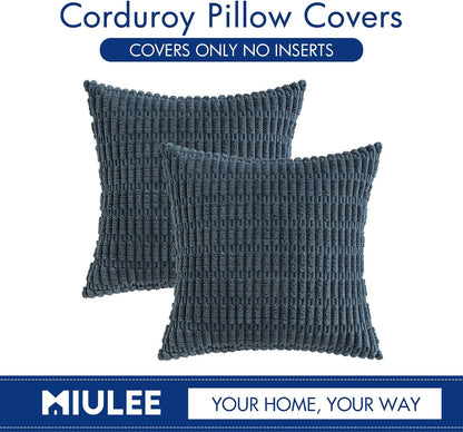 MIULEE Corduroy Throw Pillow Covers - Soft Boho Striped Design | 16x16 Inch Blue Decorative Covers for Living Room