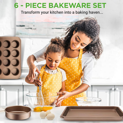 NutriChef 6-Piece Nonstick Bakeware Set - Carbon Steel Baking Pans with Cookie Sheets & Muffin Pan - Gold