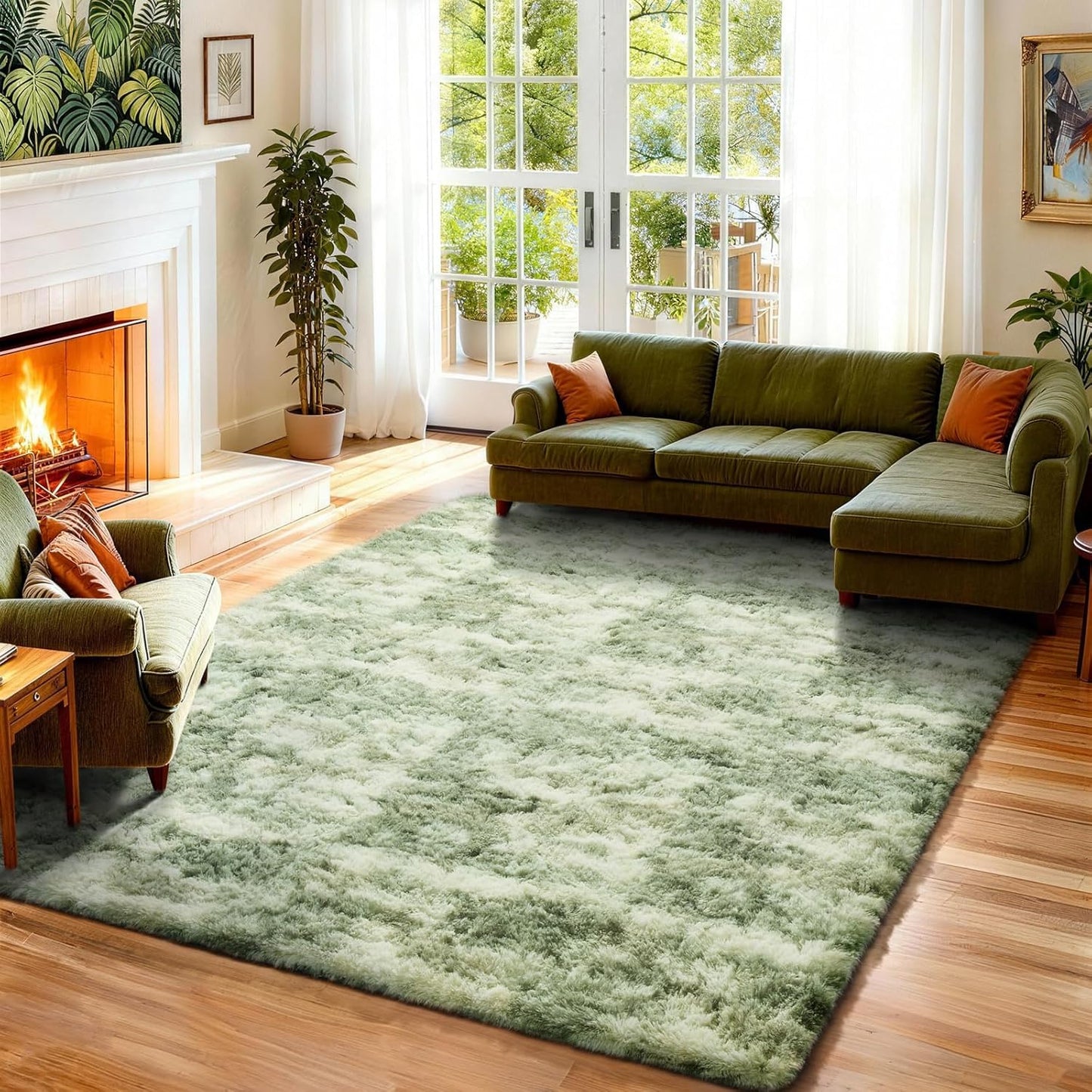 Ophanie Area Rug - Fluffy Shag Soft Carpet for Living Room | 5x7 Green and White Design