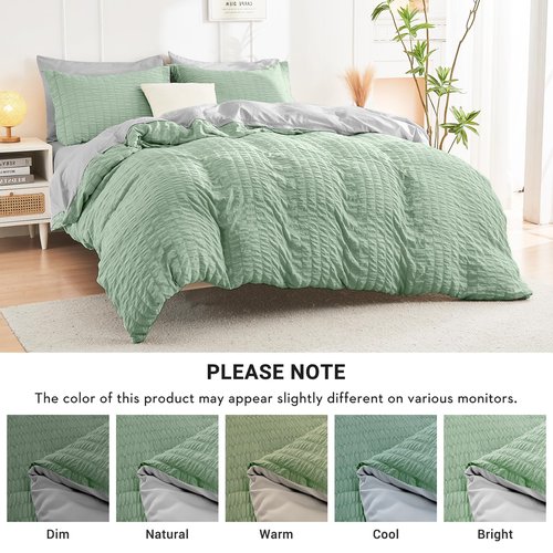 HYMOKEGE Sage Green/Light Grey King Size Comforter Set Seersucker 7 Pieces, All Season Luxury Bed in a Bag for Bedroom, Bedding Set with Comforter, Sheets, Pillowcases & Shams