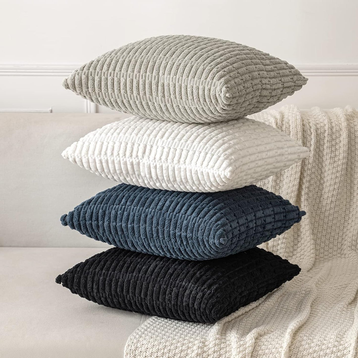 MIULEE Corduroy Throw Pillow Covers - Soft Boho Striped Design | 18x18 Inch Blue for Modern Farmhouse Decor