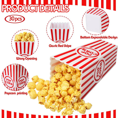 Yuxung Popcorn Boxes - Classic Red and White Striped Buckets | 30 Pack, Reusable for Movie Nights, 7.7 x 3.9 x 2.4 Inch