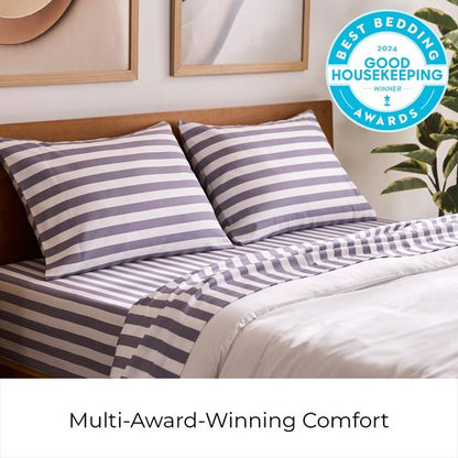 Mellanni Queen Sheets Set - 4 PC Iconic Collection Bedding - Hotel Luxury, Extra Soft, Cooling Bed Sheets - Wrinkle, Fade, Stain Resistant (Queen, Oxford Stripe Hazy Lilac)