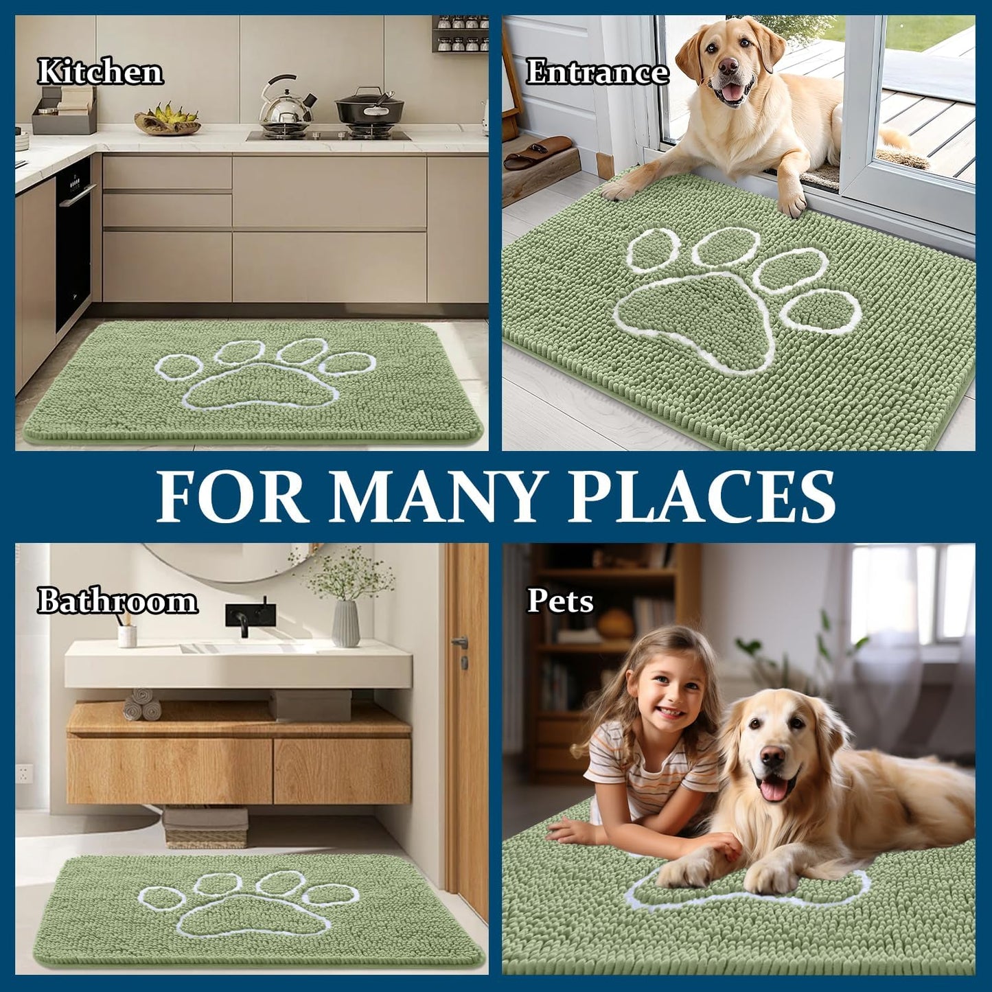 OLANLY Dog Door Mat - Absorbent Muddy Paws Doormat | Non-Slip Chenille 24x16 in Sage Green