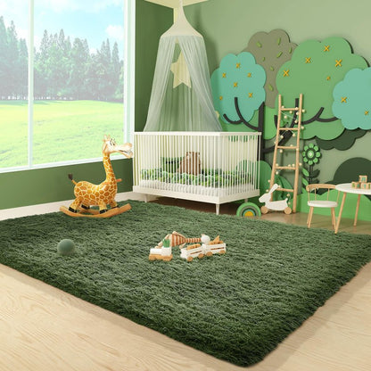 Ophanie Gray Green Grass Area Rugs for Bedroom, 3x5 Shag Fluffy Carpet, Fuzzy Furry Plush Soft Cute Kids Baby Girls Shaggy Bedside Floor Rug for Teen Dorm Nursery Home Decor Aesthetic