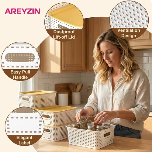 AREYZIN Plastic Storage Bins - Stackable Organizing Baskets with Lids | 6 Pack, 10.2x7.2x4.1 Inch, White