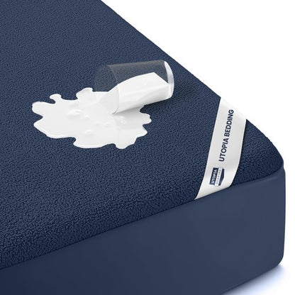 Full Size Mattress Protector Waterproof, Premium 200 GSM Terry Mattress Cover, Soft & Breathable Bed Cover, Fitted Sheet Style Stretchable Deep Pockets 15" by Utopia Bedding (Navy Blue)