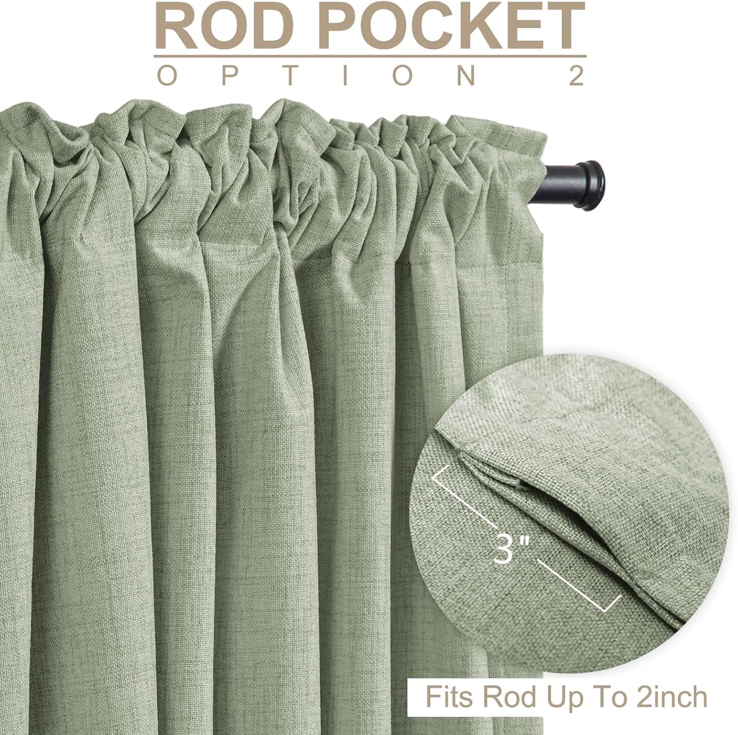 Skiennix 100% Blackout Linen Curtains - Thermal Insulated Drapes, 50" W x 96" L, Sage Green - 2 Panels Set