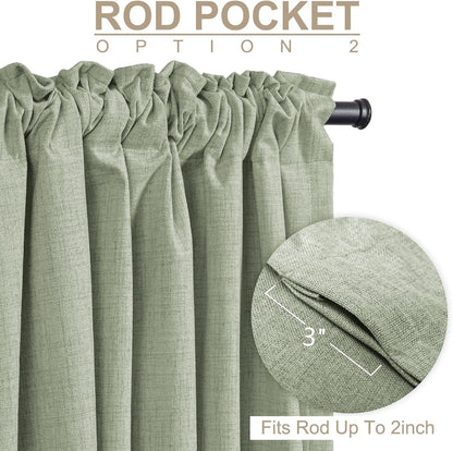Skiennix 100% Blackout Linen Curtains - Thermal Insulated Drapes, 50" W x 96" L, Sage Green - 2 Panels Set