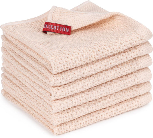 Skiennix 6-Pack Kitchen Dish Cloths - Ultra Soft 100% Cotton Waffle Weave, Quick Drying, 12x12 Inches, Beige