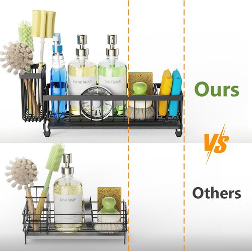 Cisily Extra Large Sink Caddy Organizer - Black Sponge & Dish Brush Holder for Kitchen Essentials