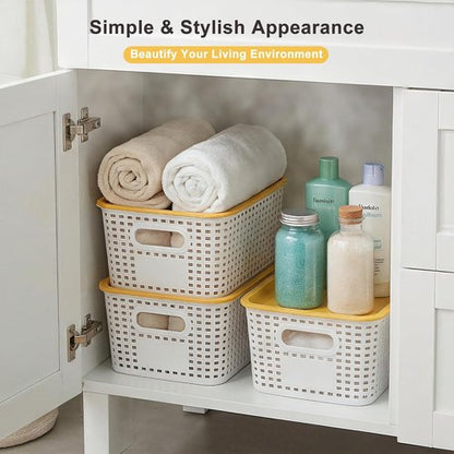 AREYZIN Plastic Storage Bins - Stackable Organizing Baskets with Lids | 6 Pack, 10.2x7.2x4.1 Inch, White