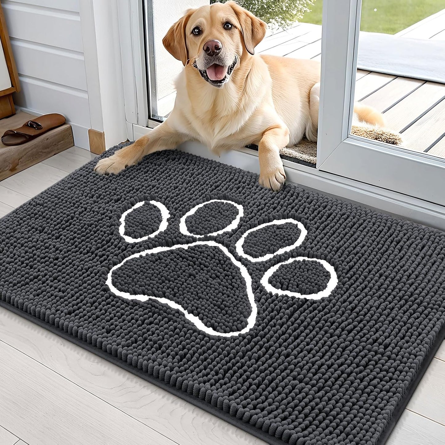 OLANLY Dog Door Mat - Absorbent Non-Slip Mud Mat for Muddy Paws | 36x24 Dark Grey Paw Print Design