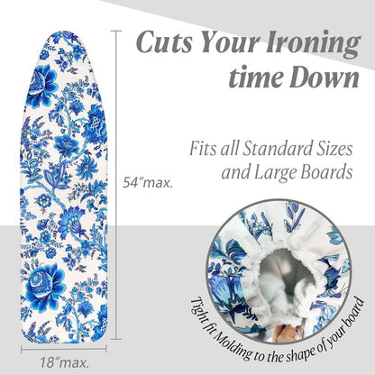 Memeaty Ironing Board Cover and Pad 15x54 Inch Standard Ironing Board Cover with Elastic Edge and Hook and Loop Fasteners Scorch and Stain Resistant Cotton Ironing Covers with Thick Padding