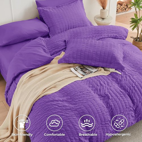 HYMOKEGE California King Comforter Set - Bright Purple Seersucker 7-Piece Luxury Bedding Set