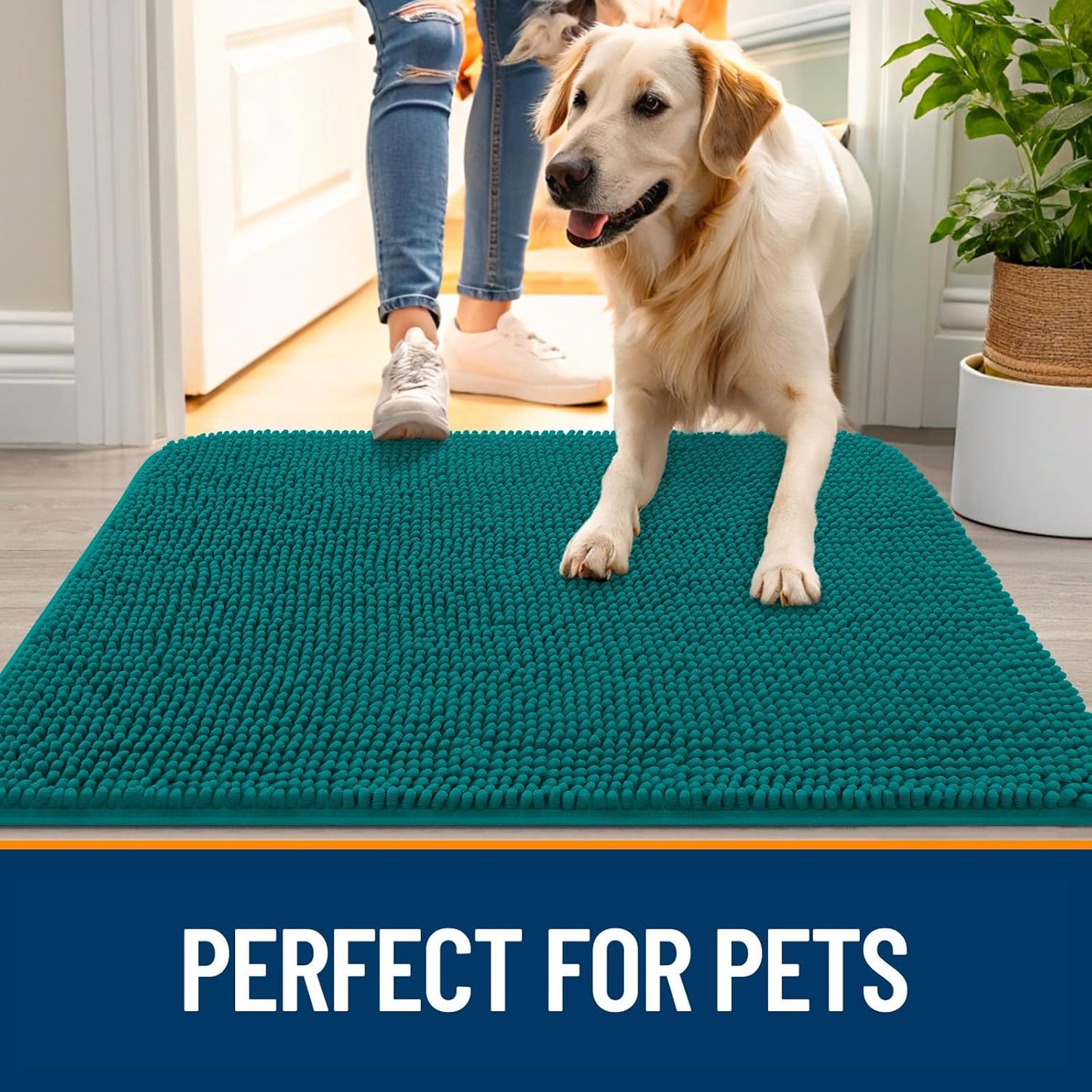 OLANLY Dog Door Mat - Absorbent Non-Slip Chenille Mat for Muddy Paws | Quick Dry 70x46, Lake Blue