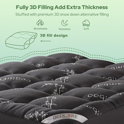 BEDLORE Queen Mattress Topper - Soft Viscose Bamboo Pillow Top for Back Pain Relief | Fits 6-18 Inch Mattresses - Dark Gray