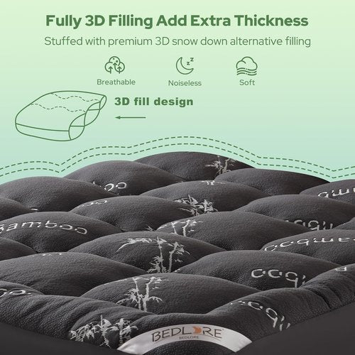 BEDLORE Twin XL Mattress Topper - Soft Viscose Bamboo Pillow Top for Deep Pocket Mattresses | Dark Gray