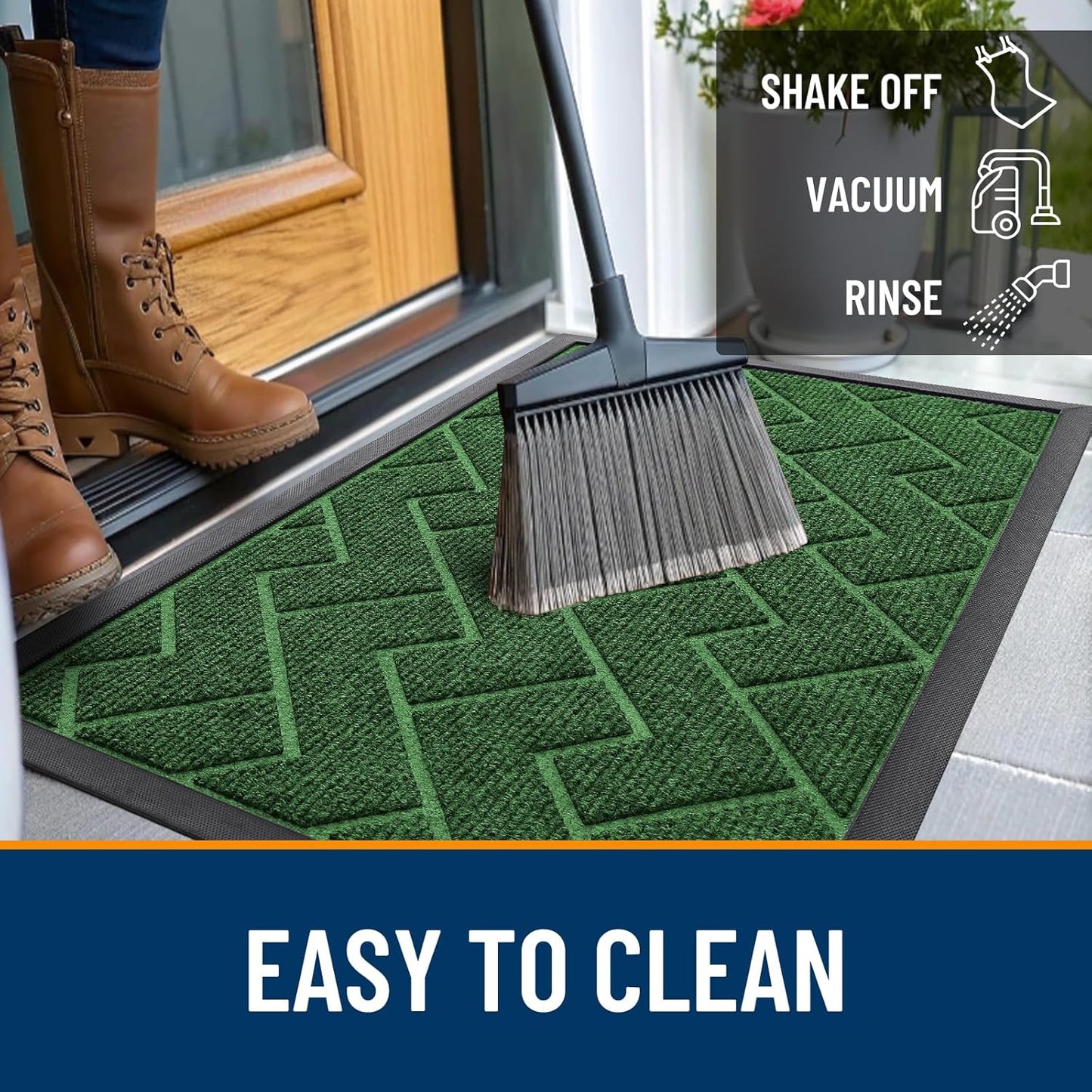 OLANLY Waterproof Front Door Mat - All-Season Indoor/Outdoor Doormat, Sturdy Natural Rubber, Herringbone Brick (Green, 47x23)