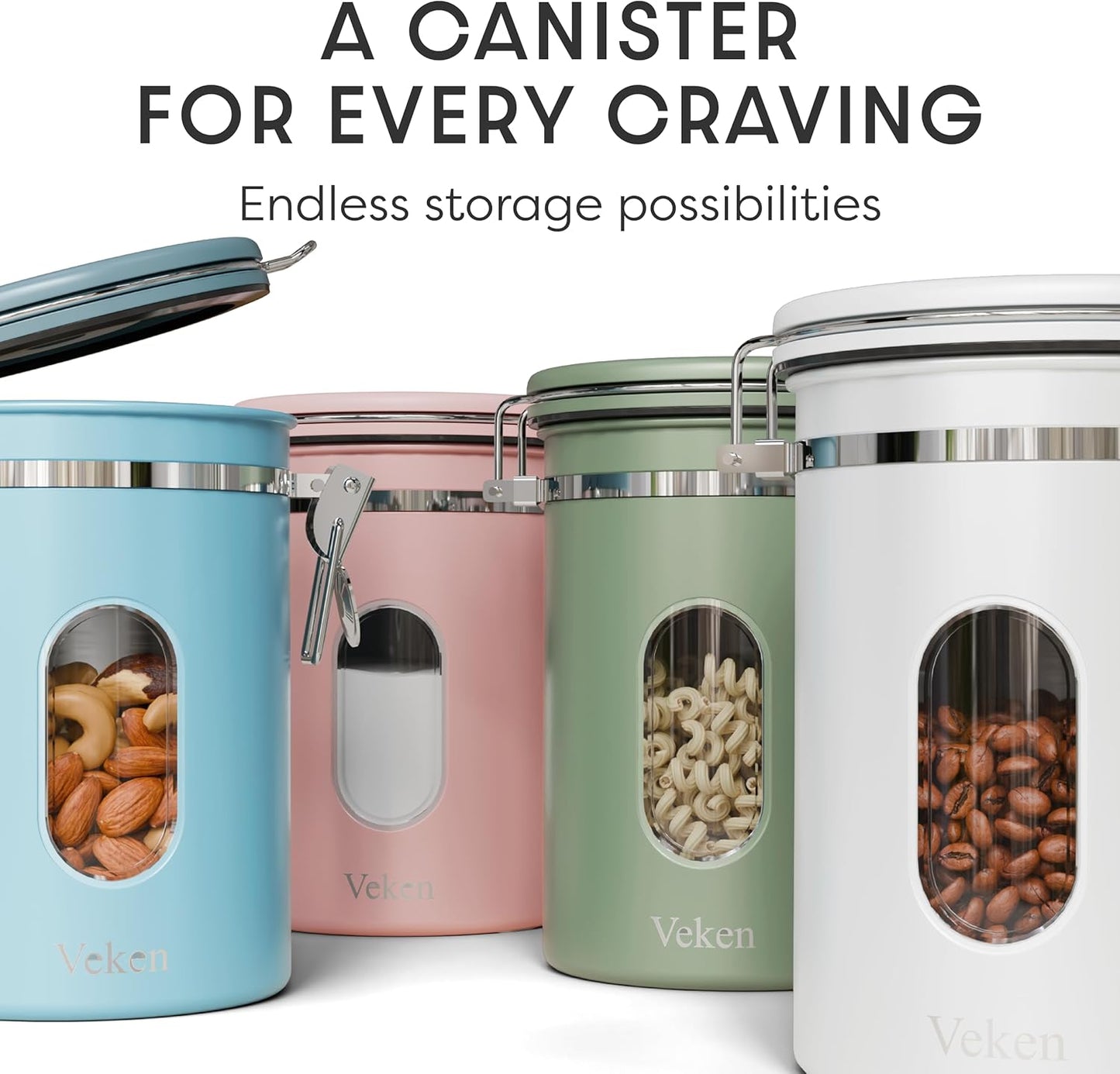 Veken Coffee Canister - Airtight Stainless Steel Container with Window | 22oz Pink for Grounds, Beans & Tea