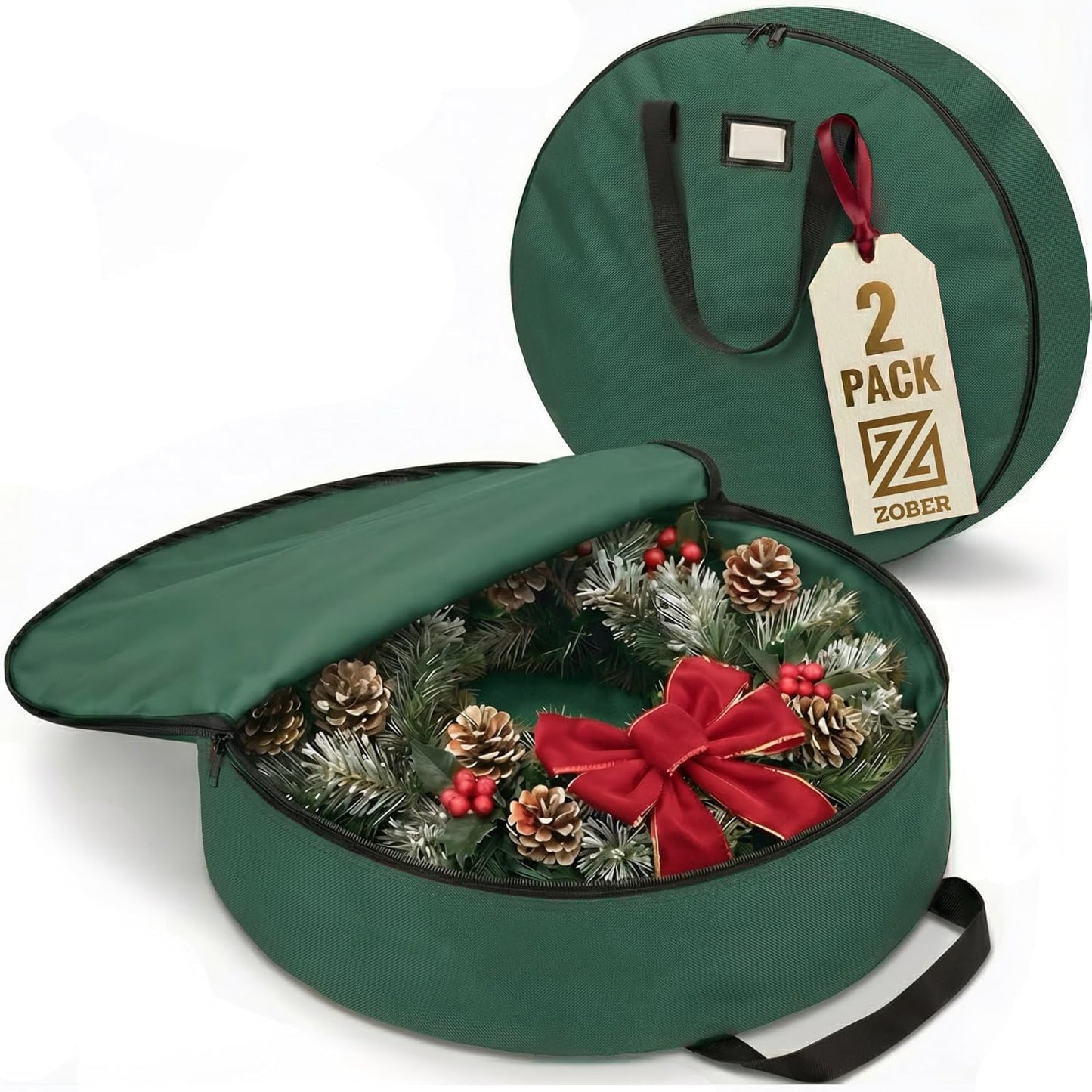 ZOBER Oxford Wreath Storage Container - 24 Inch Waterproof Bag for Artificial Wreaths - Durable Dual Zippered Design, Green