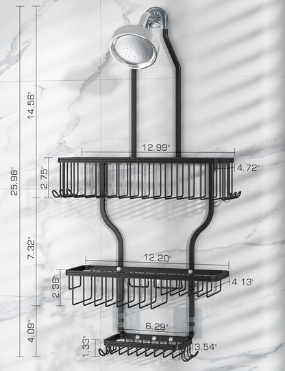 YASONIC Shower Caddy - Large Aluminum Over Shower Head Organizer with 10 Hooks & Soap Basket | Black