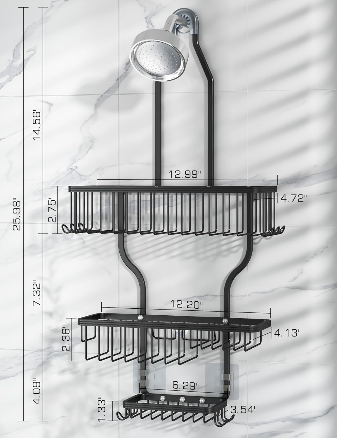 YASONIC Shower Caddy - Large Rust-Proof Aluminum Over Shower Head Organizer with 10 Hooks - Black