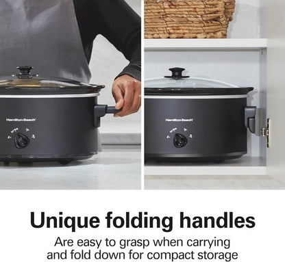 Hamilton Beach 6 Quart Slow Cooker - Space-Saving Folding Handles & Dishwasher Safe Stoneware, Black