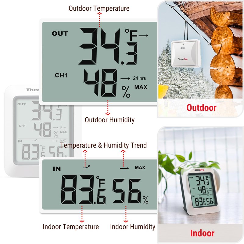 TempPro TP60 Digital Hygrometer Outdoor Thermometer Wireless Temperature and Humidity Gauge Monitor Room Thermometer with 500ft/150m Range Humidity Meter Temperature Indicators (Previously ThermoPro)