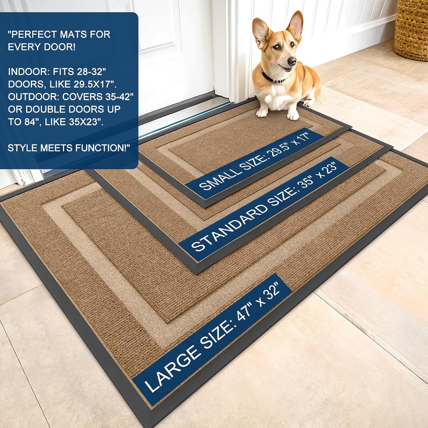 OLANLY Waterproof Front Door Mat - All-Season Natural Rubber Doormat | Easy Clean, 47x23, Light Brown