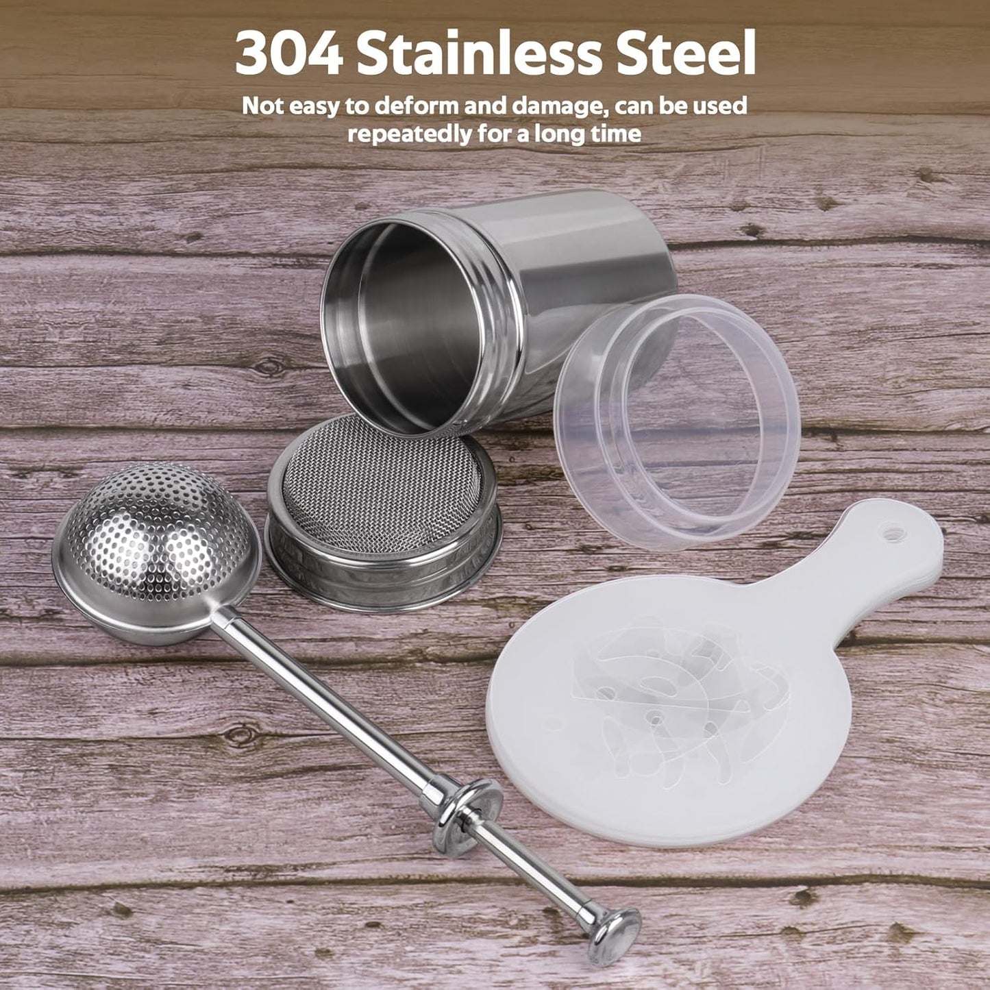 Skiennix Powdered Sugar Shaker Set - Stainless Steel Duster with 16 Coffee Stencils for Baking & Coffee