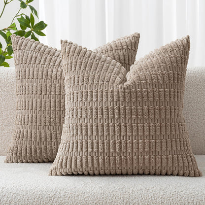 MIULEE Euro Sham Pillow Covers - Soft Boho Striped Corduroy | Pack of 2, 26x26 Inch, Light Brown
